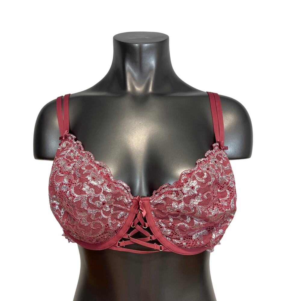 Cacique Bra Underwire Lace Up Detail Metallic Pink Silver Milkmaid 44D